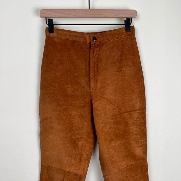 Vintage Leather High Waisted Rise Camel Tan Slim Straight Skinny Trouser Pants - Picture 2 of 6